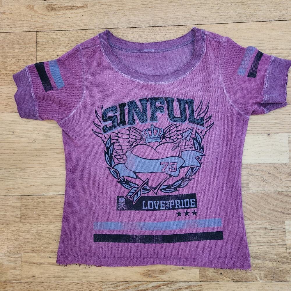 Vtg Y2K Sinful Affliction Distress Sequin Waffle Tshirt XS Love And Pride